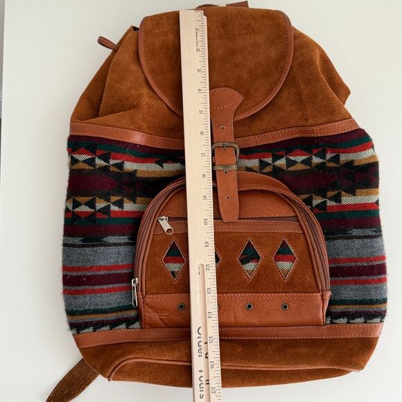 Vintage Suede Leather Woven Backpack Handmade Southwestern Navajo Aztec Tapestry